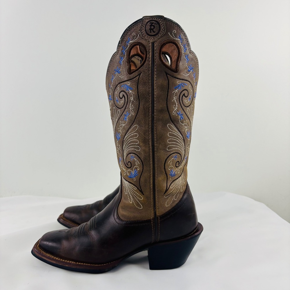 Tony Lama Western Cowboy Boots 7.5 Brown Purple Embroidered Flower #RR2016L